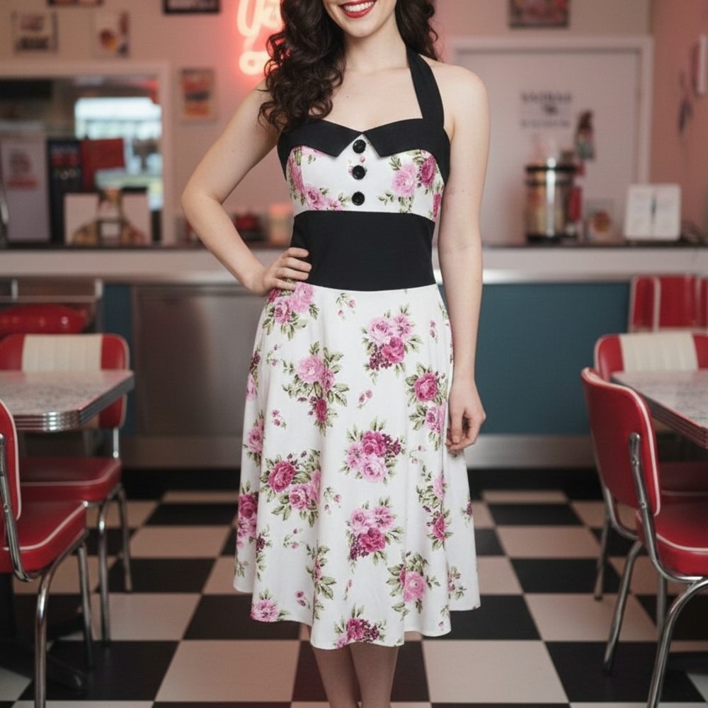Floral Halter Dress with Black Accents